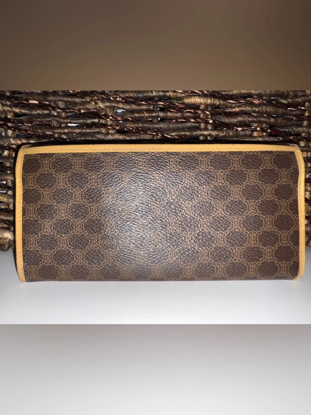 Vintage Celine Macadam Brown & Tan Long Wallet Kisslock Clutch